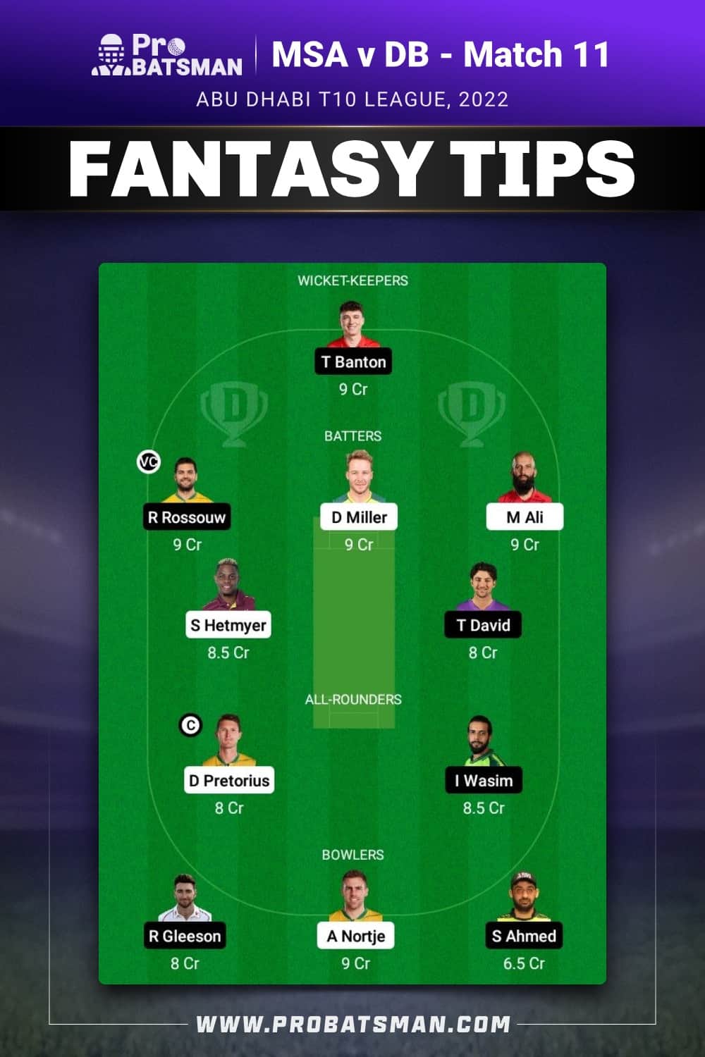 MSA vs DB Dream11 Prediction - Fantasy Team 1