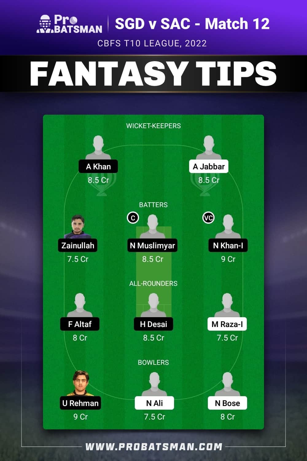 SGD vs SAC Dream11 Prediction - Fantasy Team 2