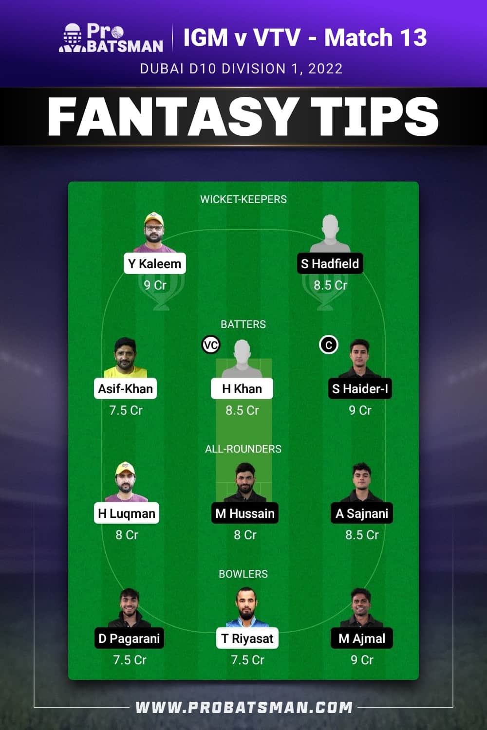 IGM vs VTV Dream11 Prediction - Fantasy Team 1