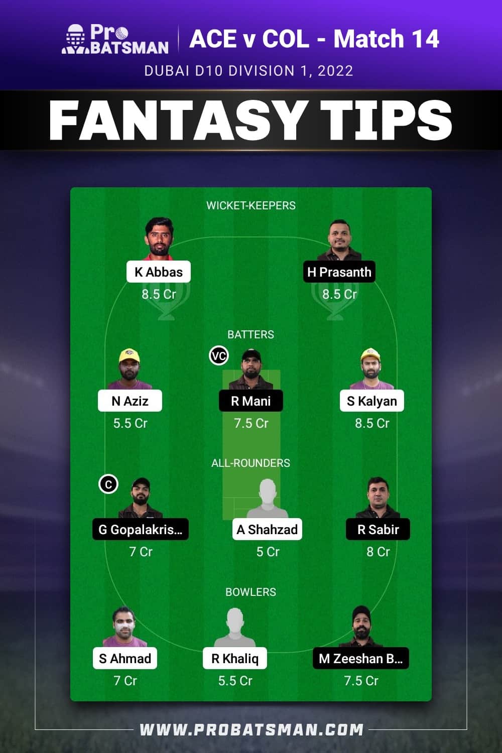 ACE vs COL Dream11 Prediction - Fantasy Team 2