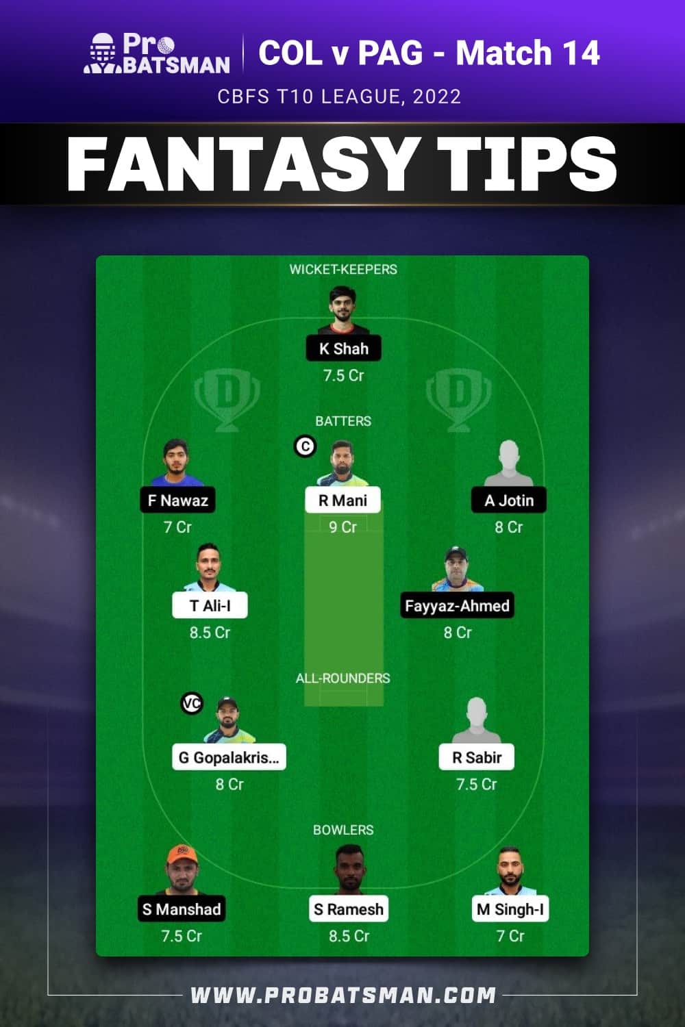 COL vs PAG Dream11 Prediction - Fantasy Team 1