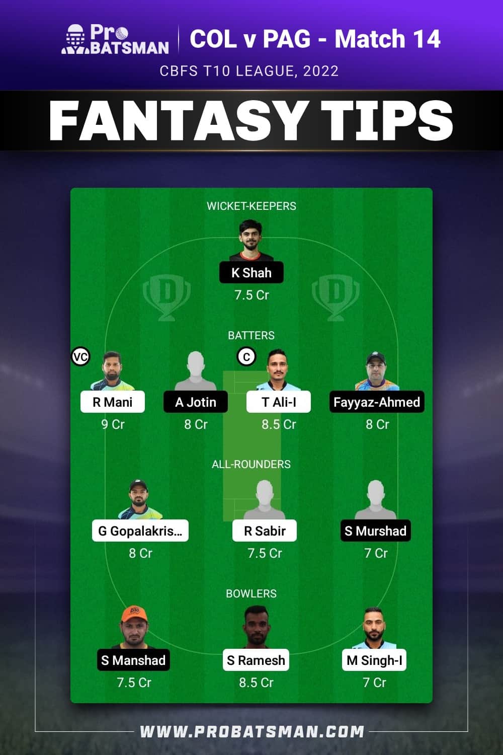 COL vs PAG Dream11 Prediction - Fantasy Team 2