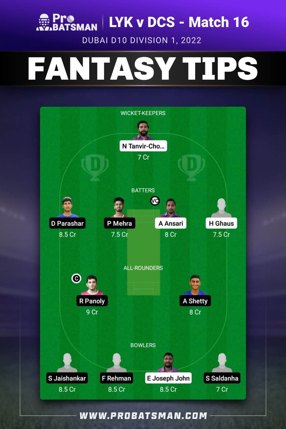 LYK vs DCS Dream11 Prediction - Fantasy Team 1