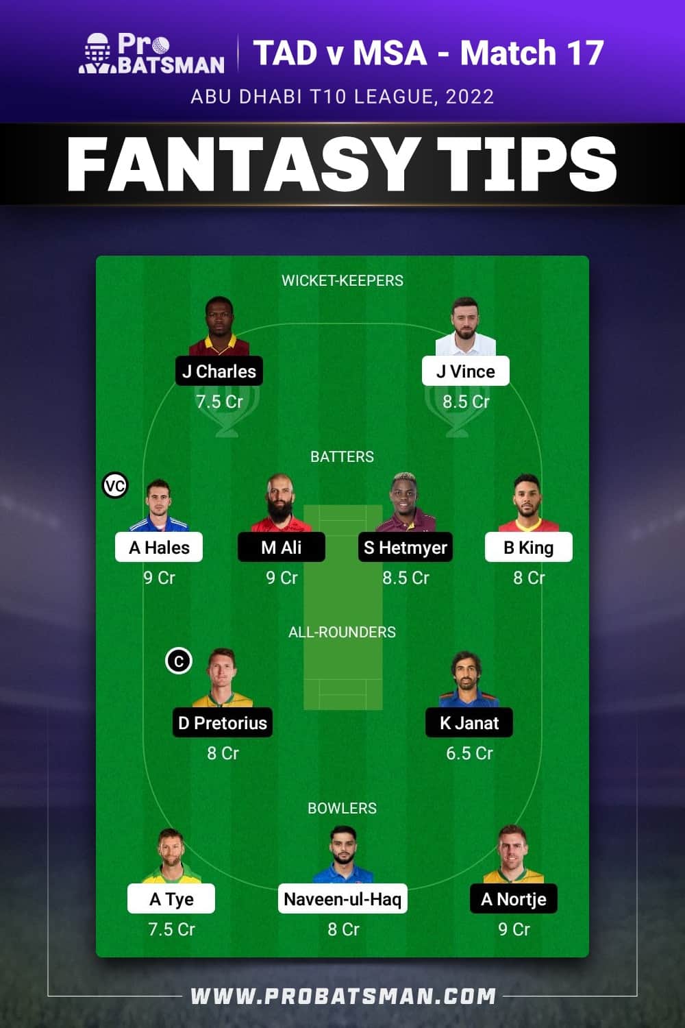 TAD vs MSA Dream11 Prediction - Fantasy Team 1