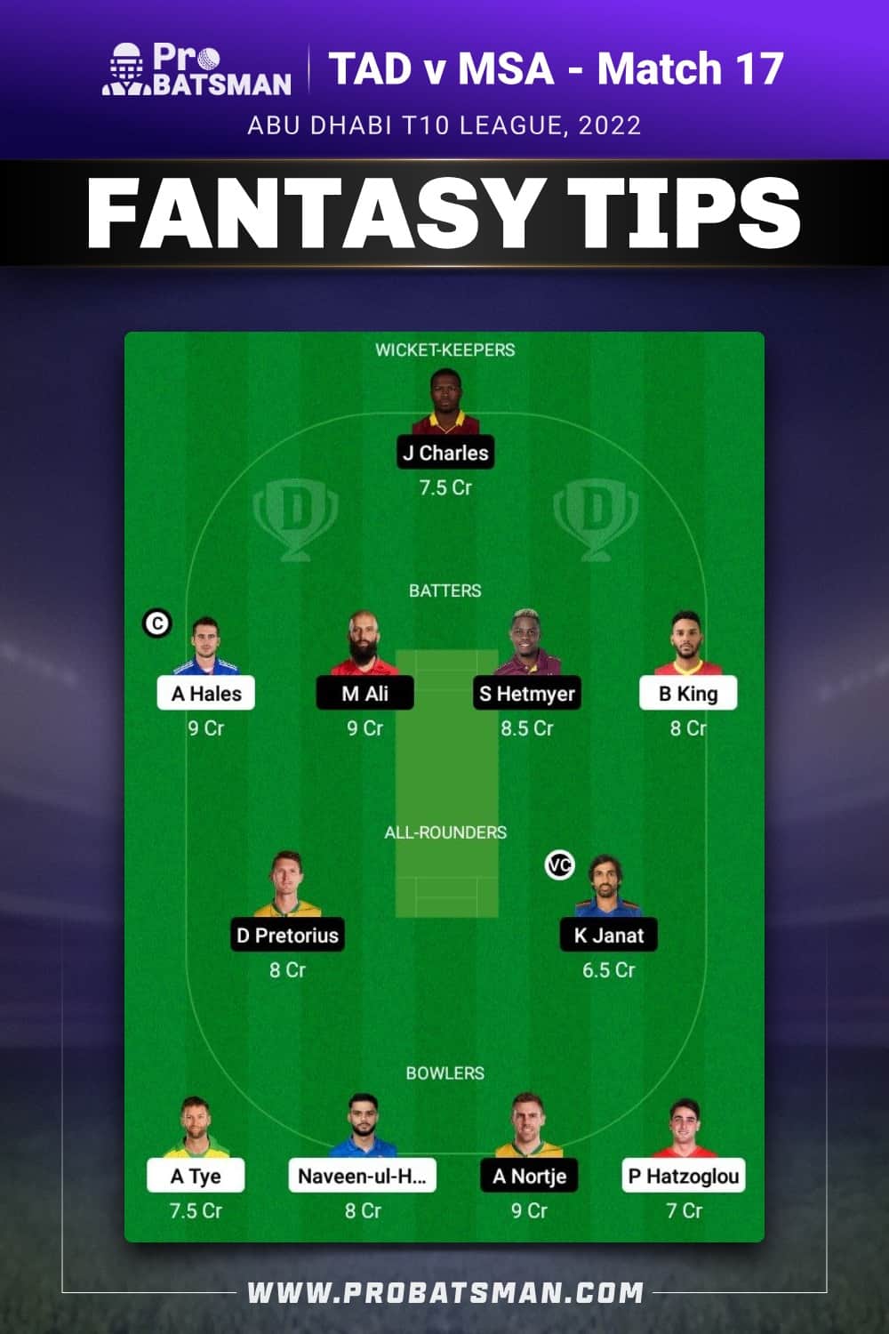 TAD vs MSA Dream11 Prediction - Fantasy Team 2