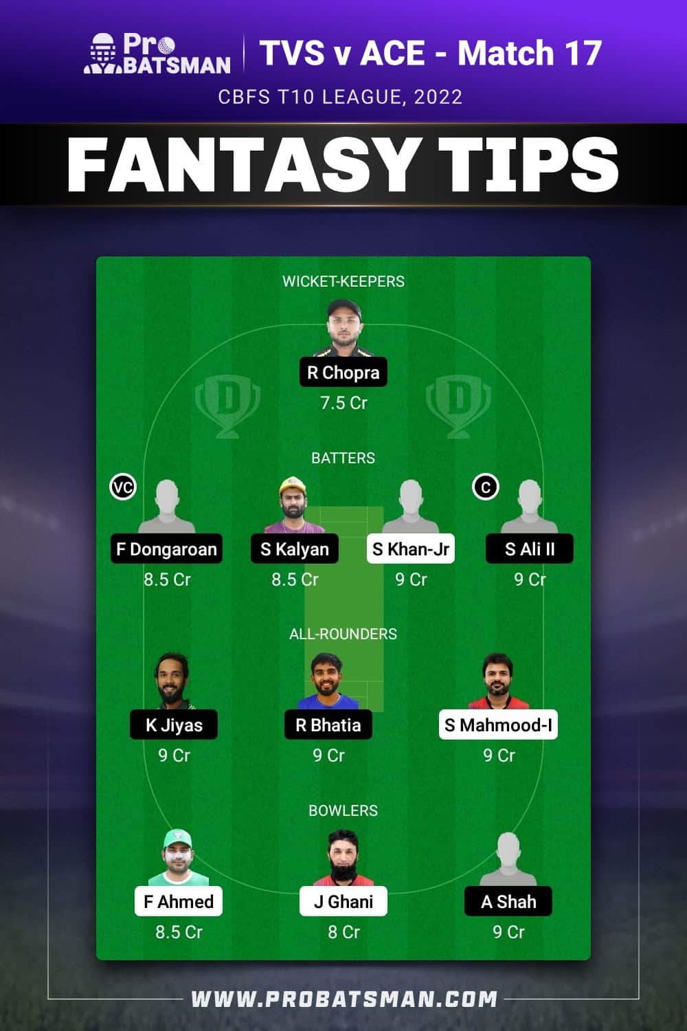 TVS vs ACE Dream11 Prediction - Fantasy Team 1