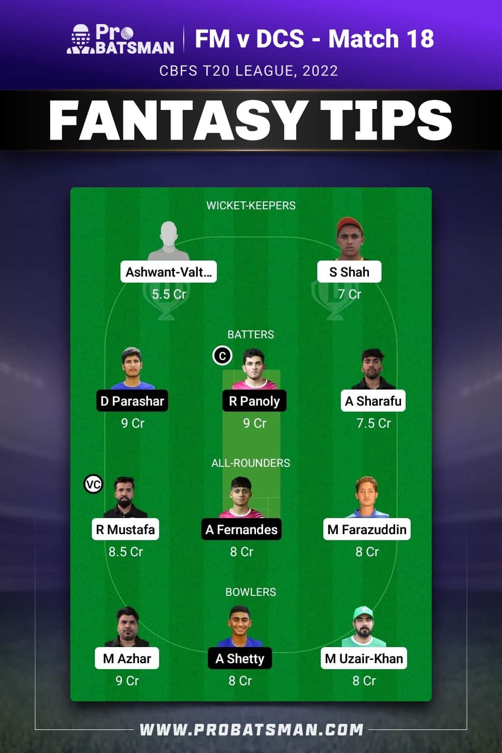 FM vs DCS Dream11 Prediction - Fantasy Team 1