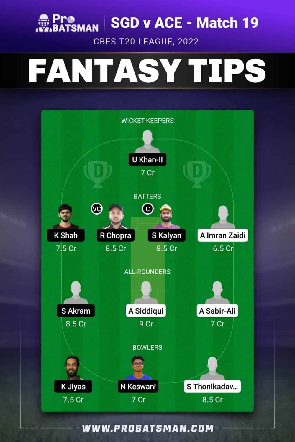 TVS vs RJT Dream11 Prediction - Fantasy Team 1