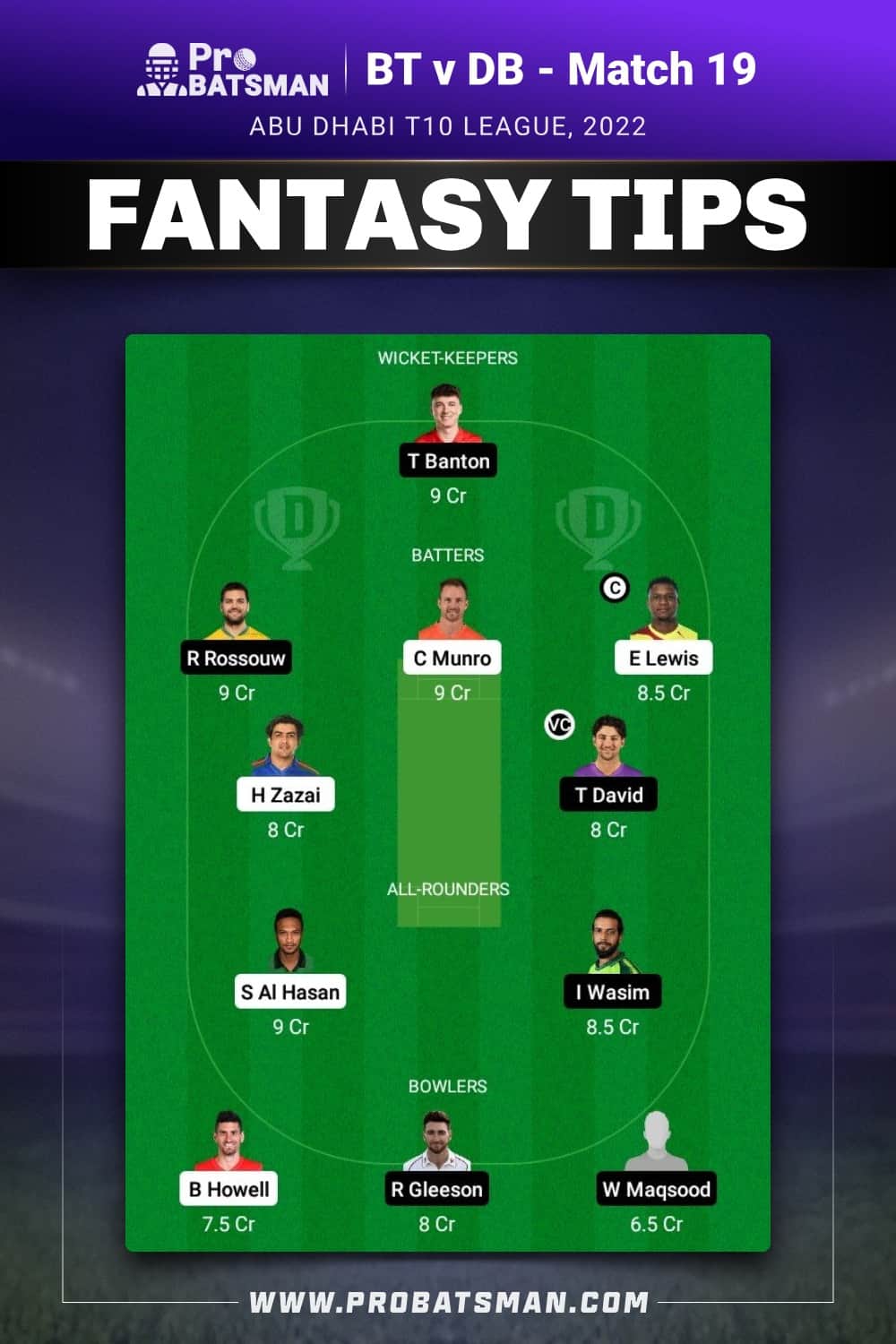 BT vs DB Dream11 Prediction - Fantasy Team 1