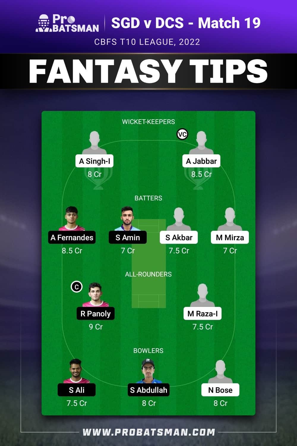 SGD vs DCS Dream11 Prediction - Fantasy Team 1