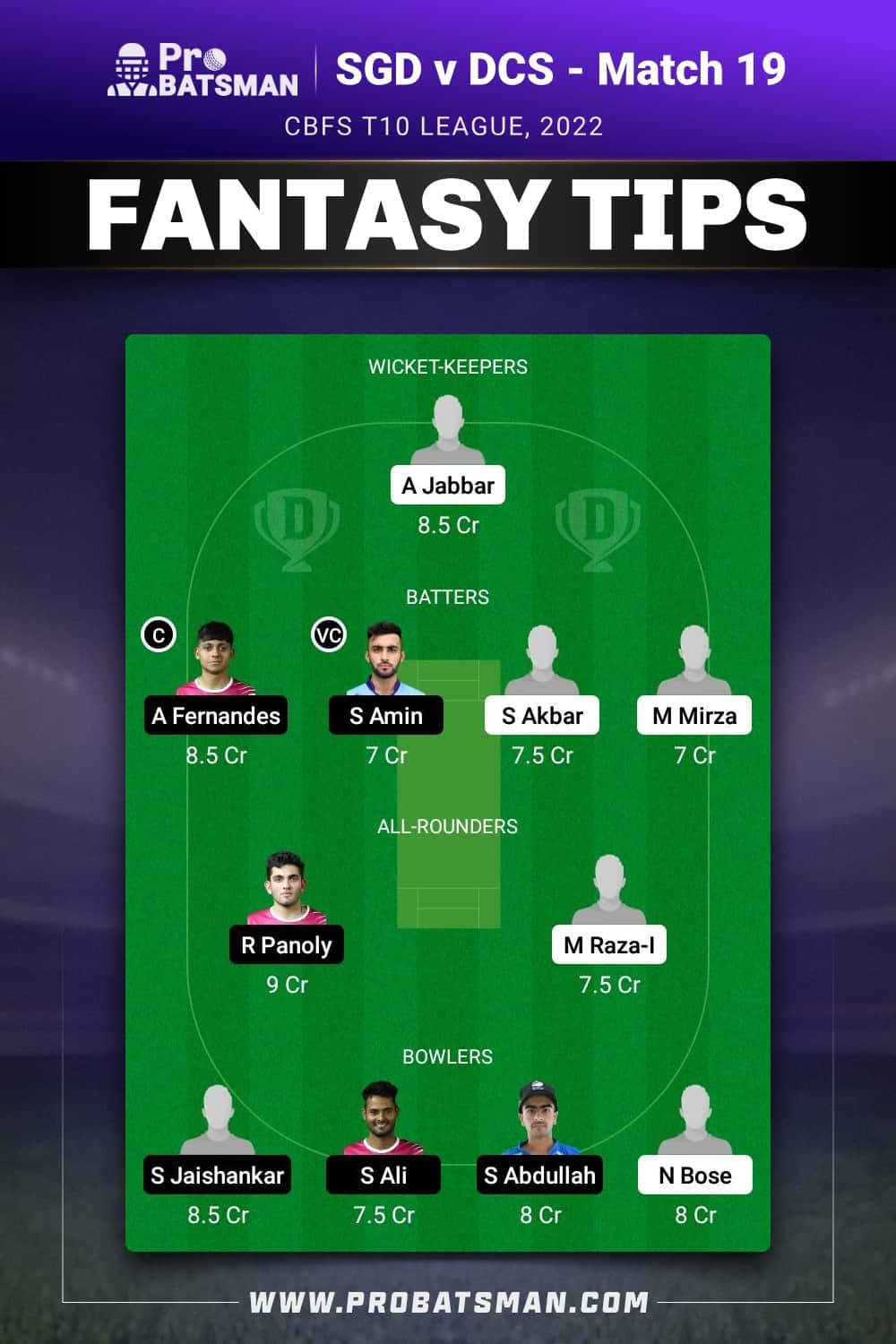 SGD vs DCS Dream11 Prediction - Fantasy Team 2