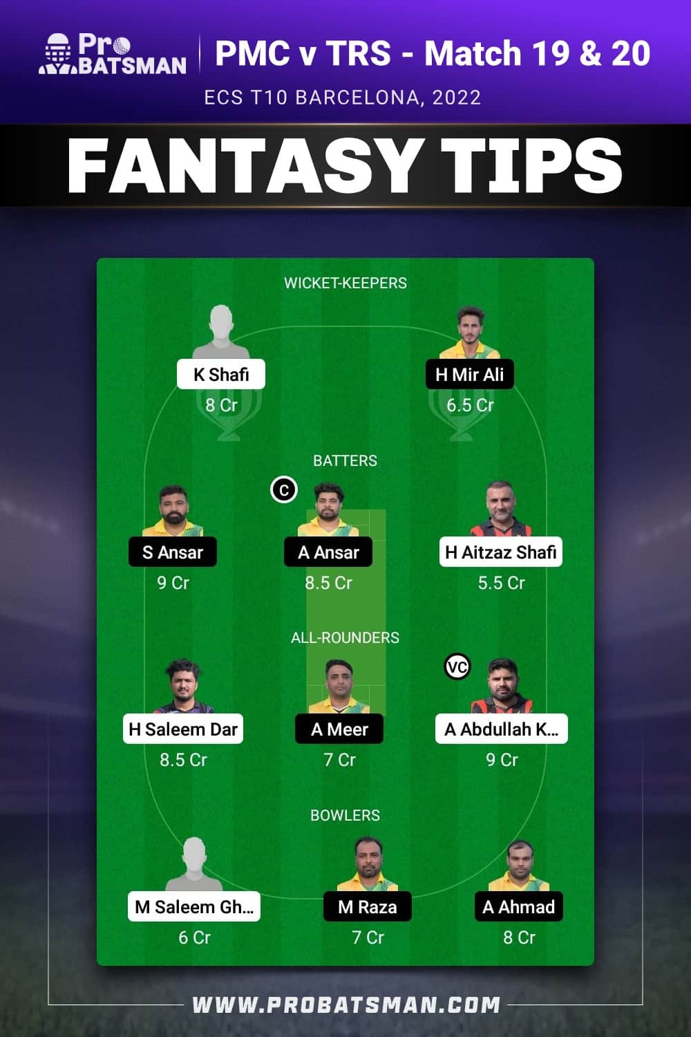 PMC vs TRS Dream11 Prediction - Fantasy Team 1