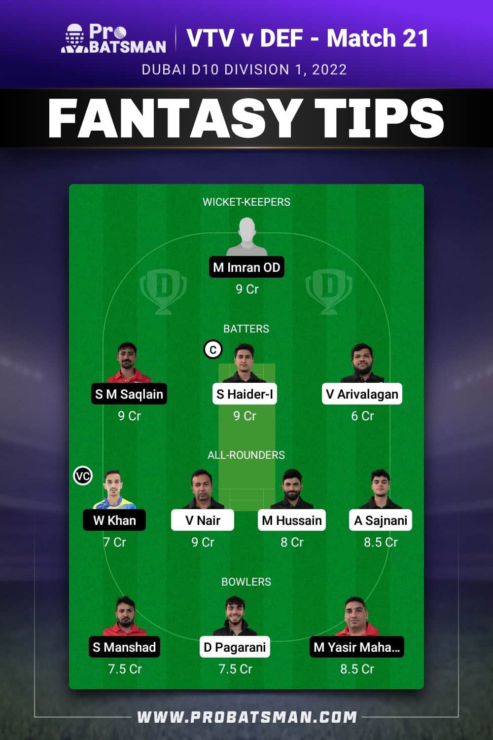 VTV vs DEF Dream11 Prediction - Fantasy Team 1