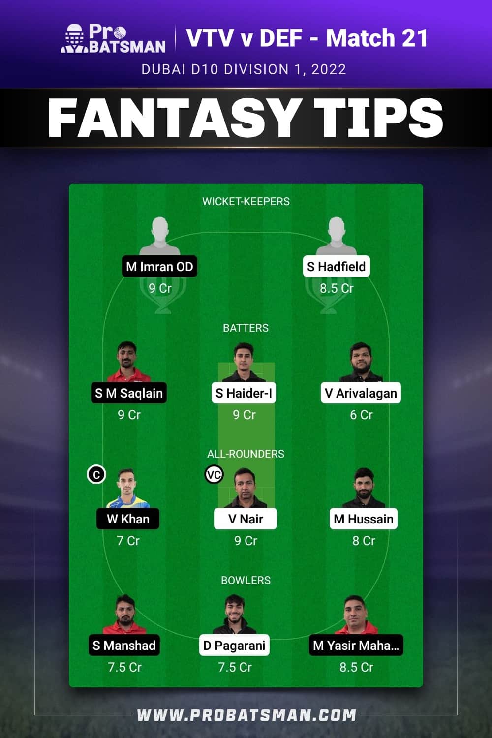 VTV vs DEF Dream11 Prediction - Fantasy Team 2