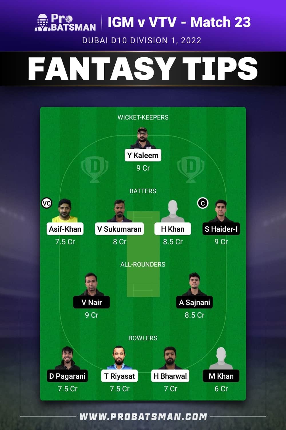 IGM vs VTV Dream11 Prediction - Fantasy Team 1