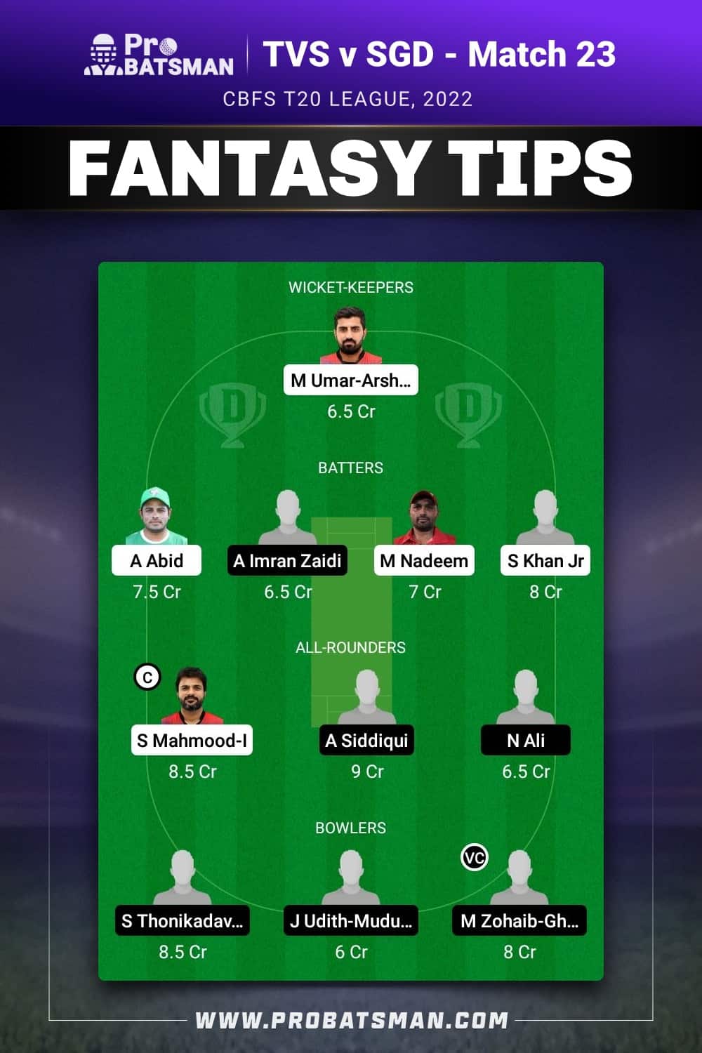 TVS vs SGD Dream11 Prediction - Fantasy Team 1