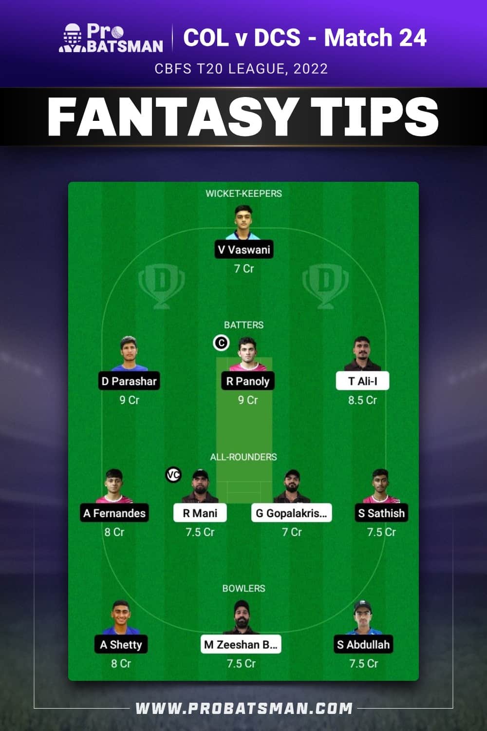 COL vs DCS Dream11 Prediction - Fantasy Team 1