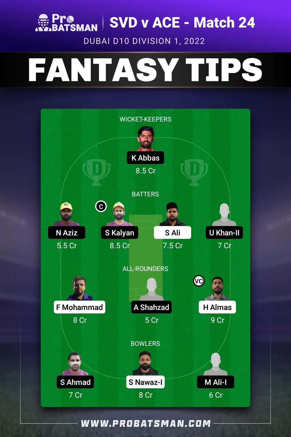 SVD vs ACE Dream11 Prediction - Fantasy Team 1