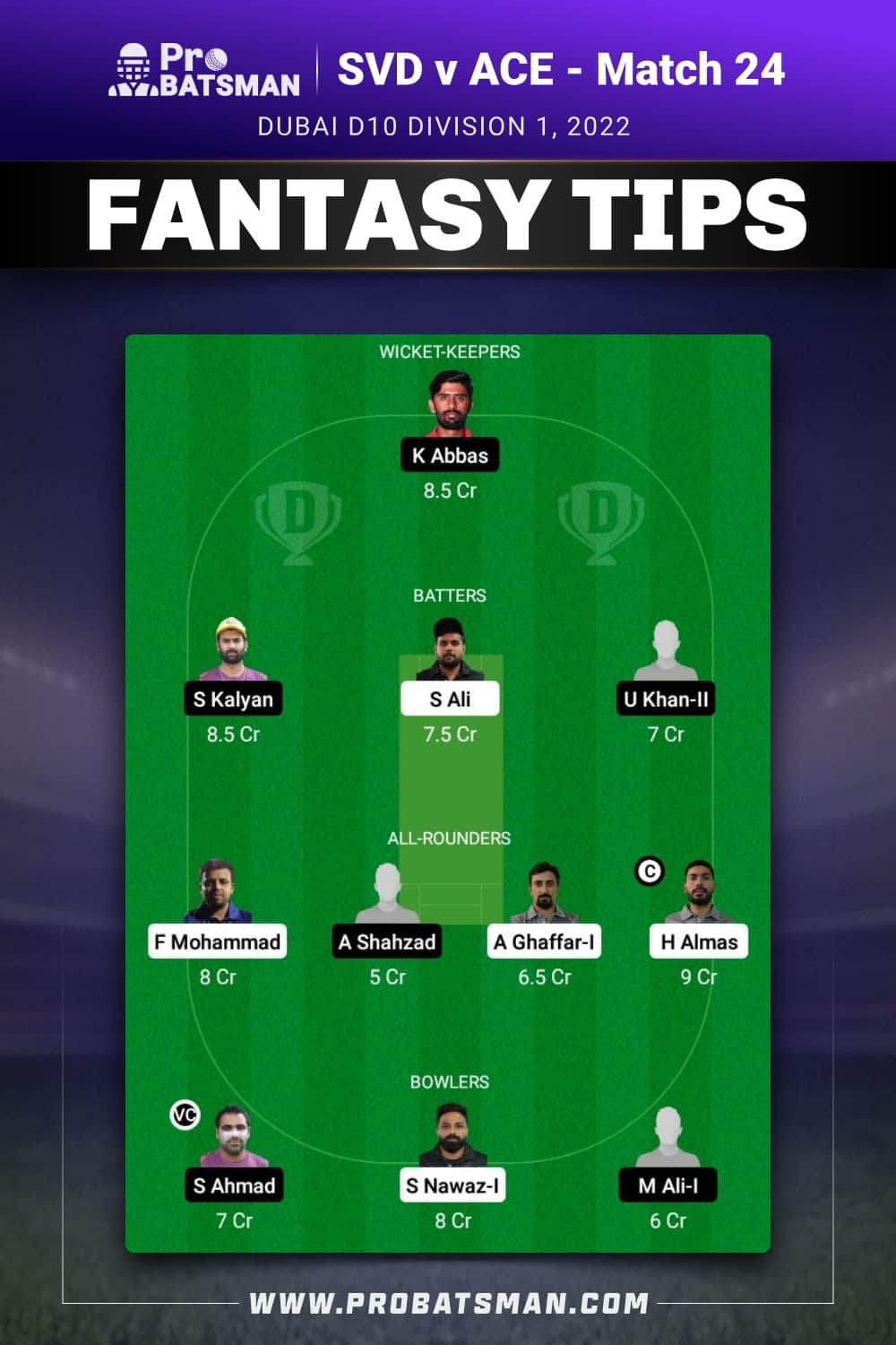 SVD vs ACE Dream11 Prediction - Fantasy Team 2