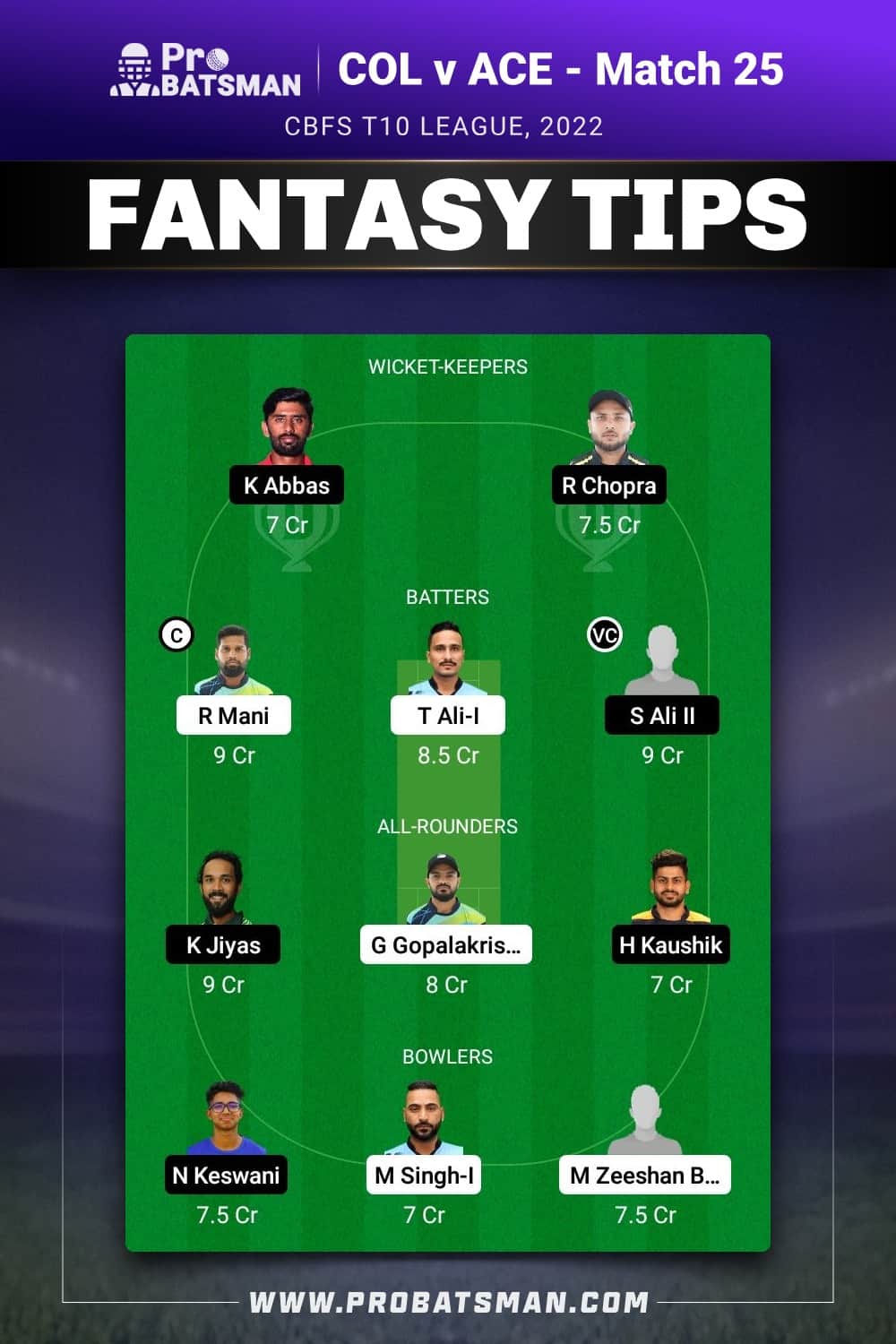 COL vs ACE Dream11 Prediction - Fantasy Team 1