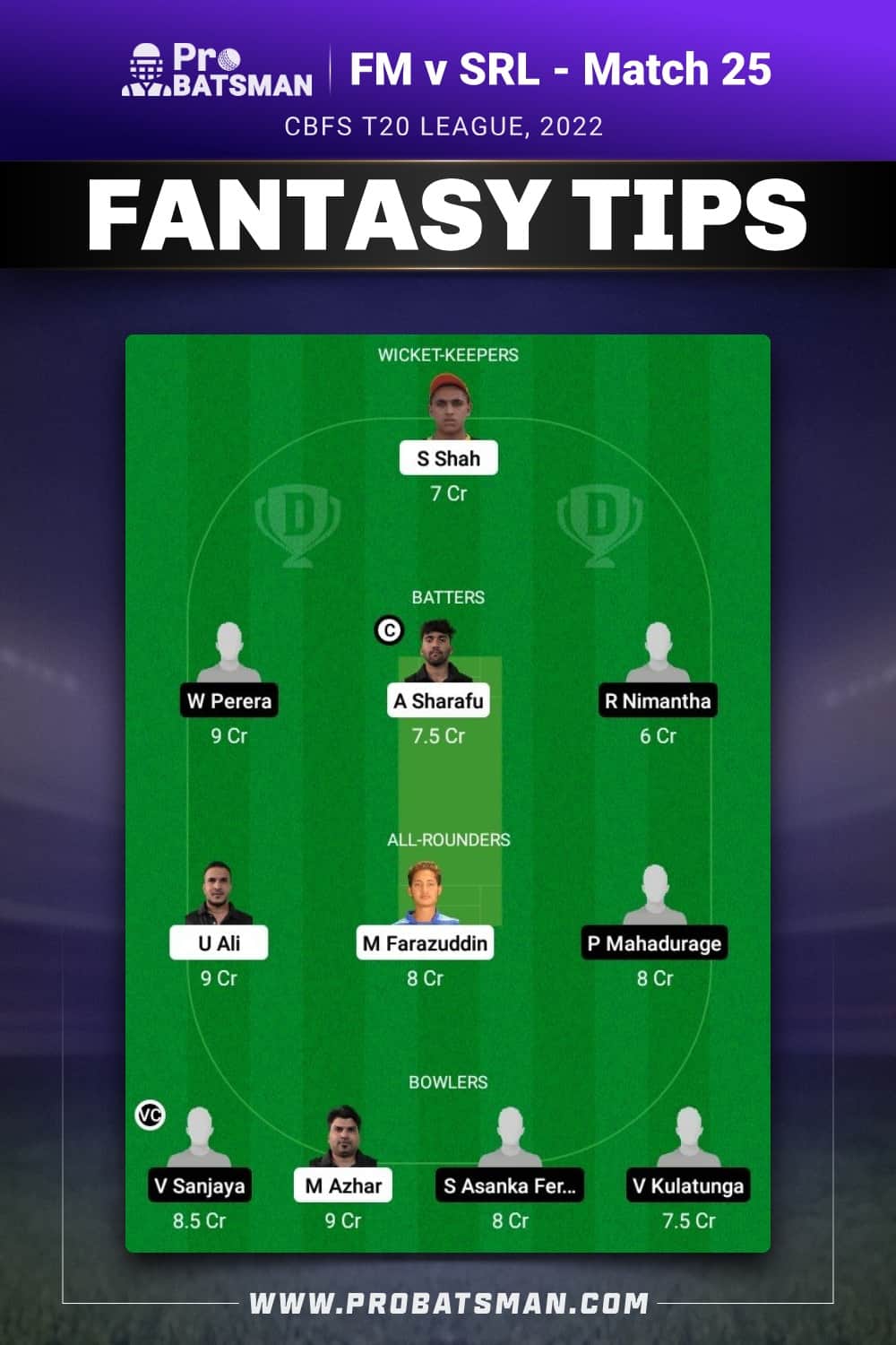 FM vs SRL Dream11 Prediction - Fantasy Team 1