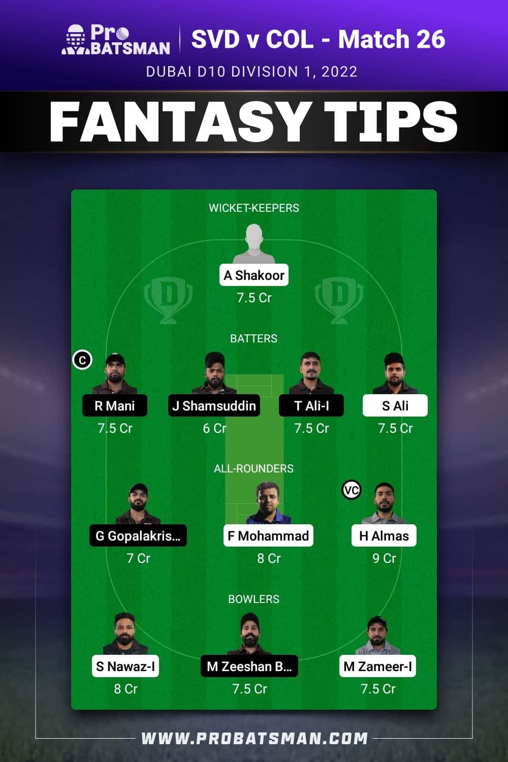 SVD vs COL Dream11 Prediction - Fantasy Team 1