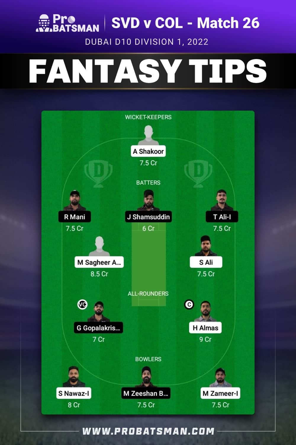 SVD vs COL Dream11 Prediction - Fantasy Team 2