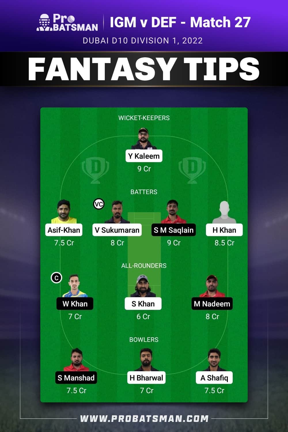 IGM vs DEF Dream11 Prediction - Fantasy Team 1