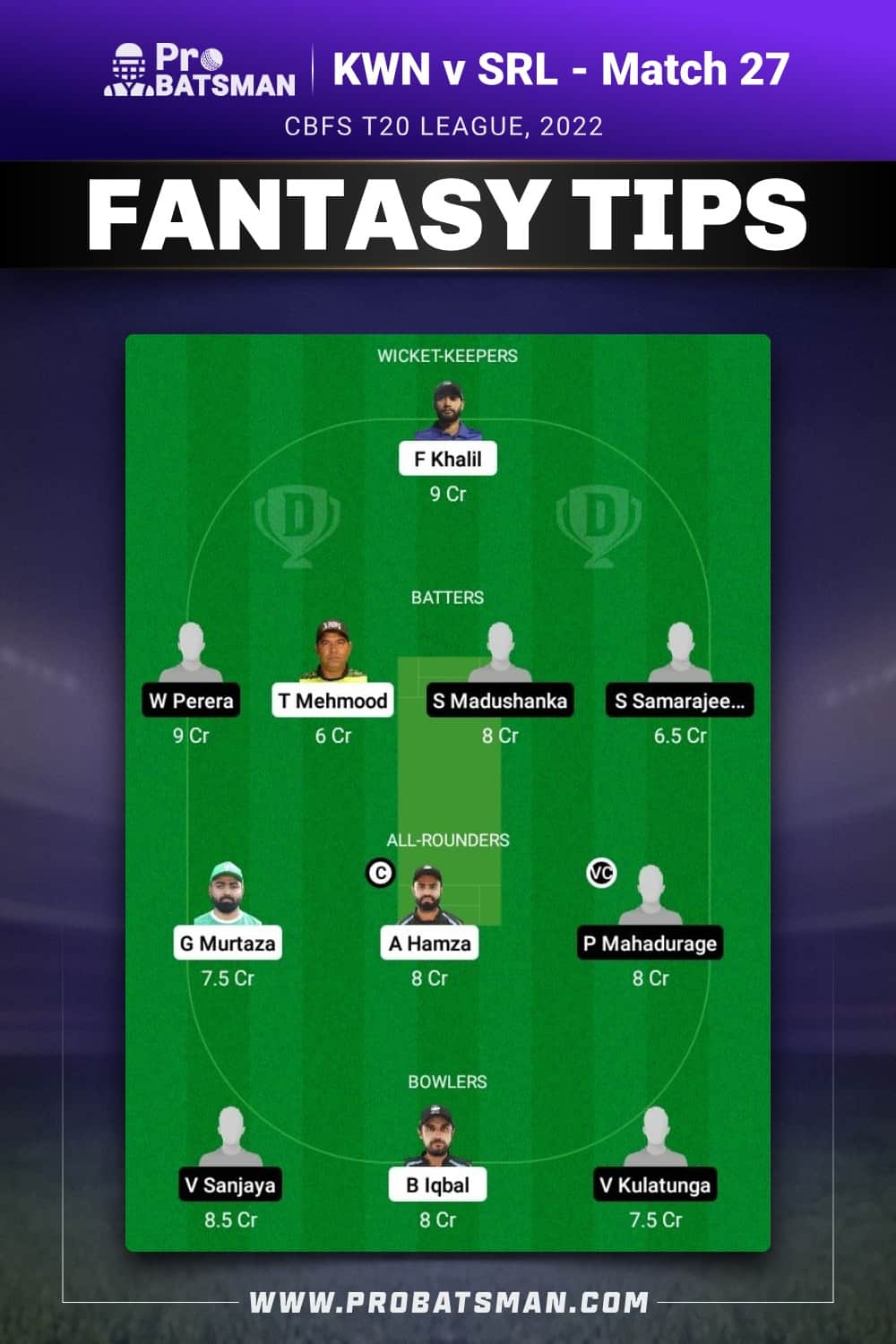 KWN vs SRL Dream11 Prediction - Fantasy Team 1