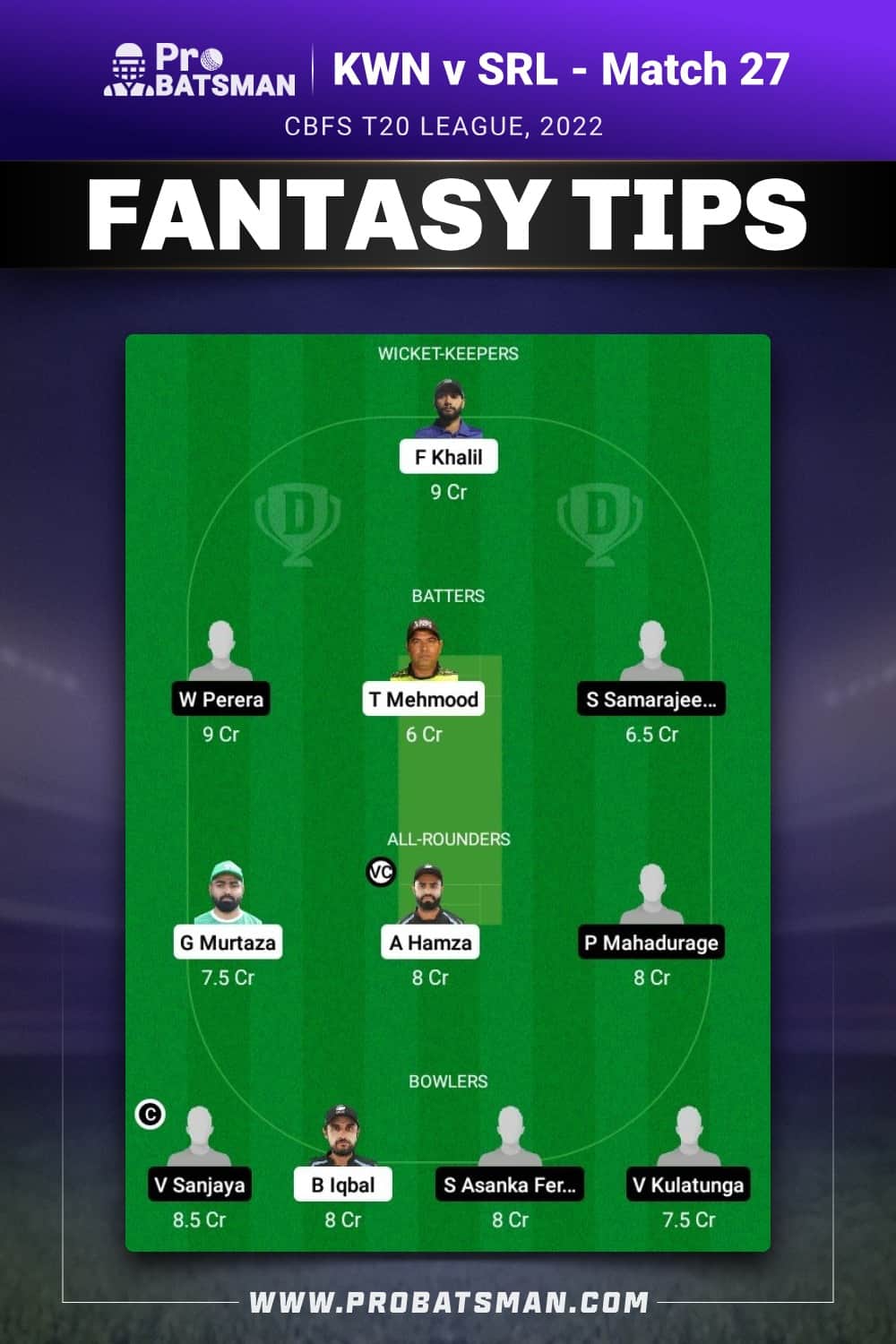 KWN vs SRL Dream11 Prediction - Fantasy Team 2