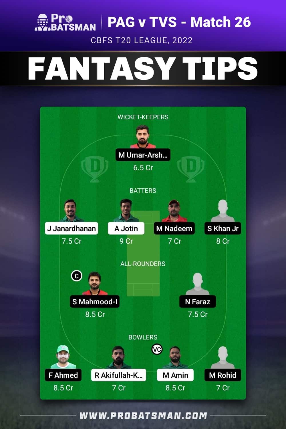 PAG vs TVS Dream11 Prediction - Fantasy Team 1