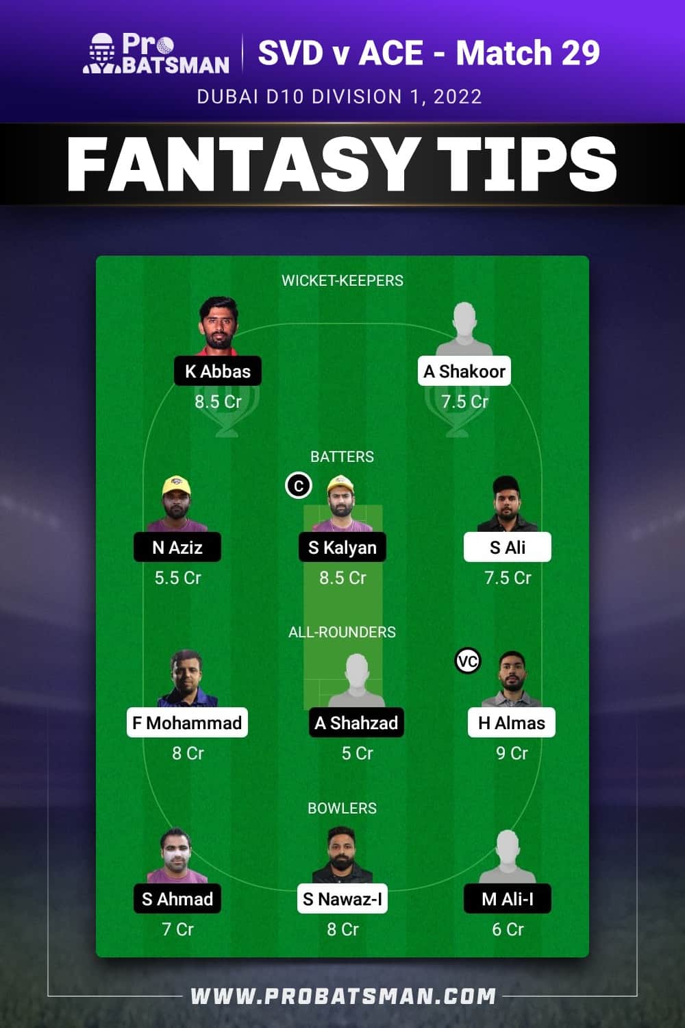 SVD vs ACE Dream11 Prediction - Fantasy Team 1