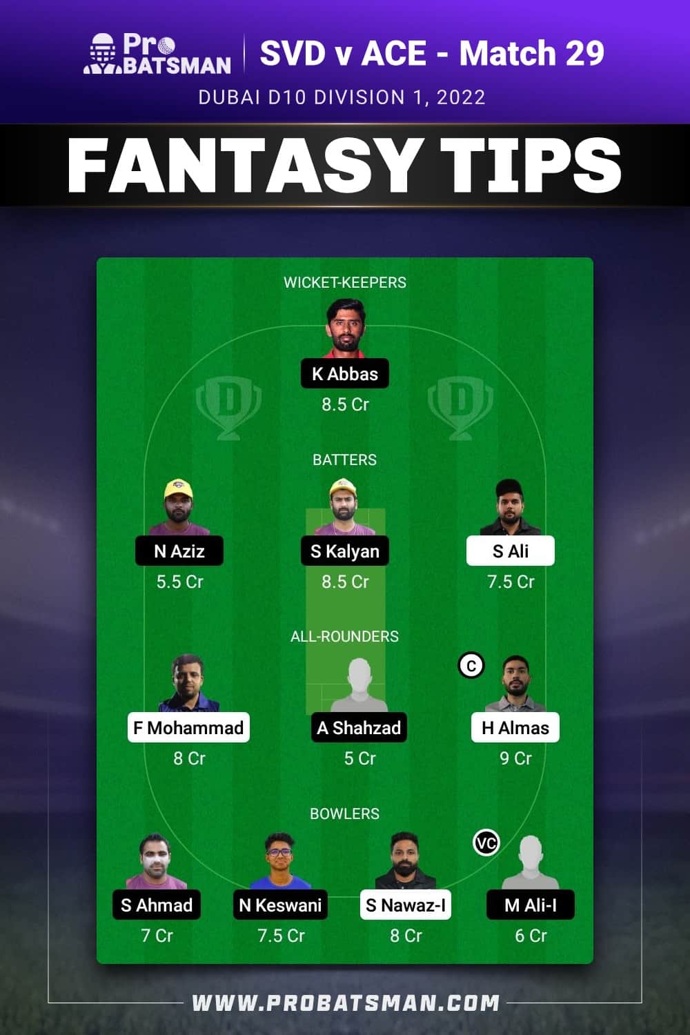 SVD vs ACE Dream11 Prediction - Fantasy Team 2