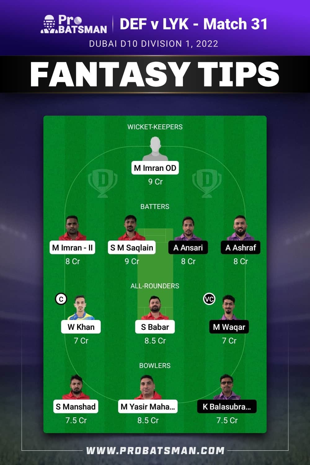 DEF vs LYK Dream11 Prediction - Fantasy Team 1