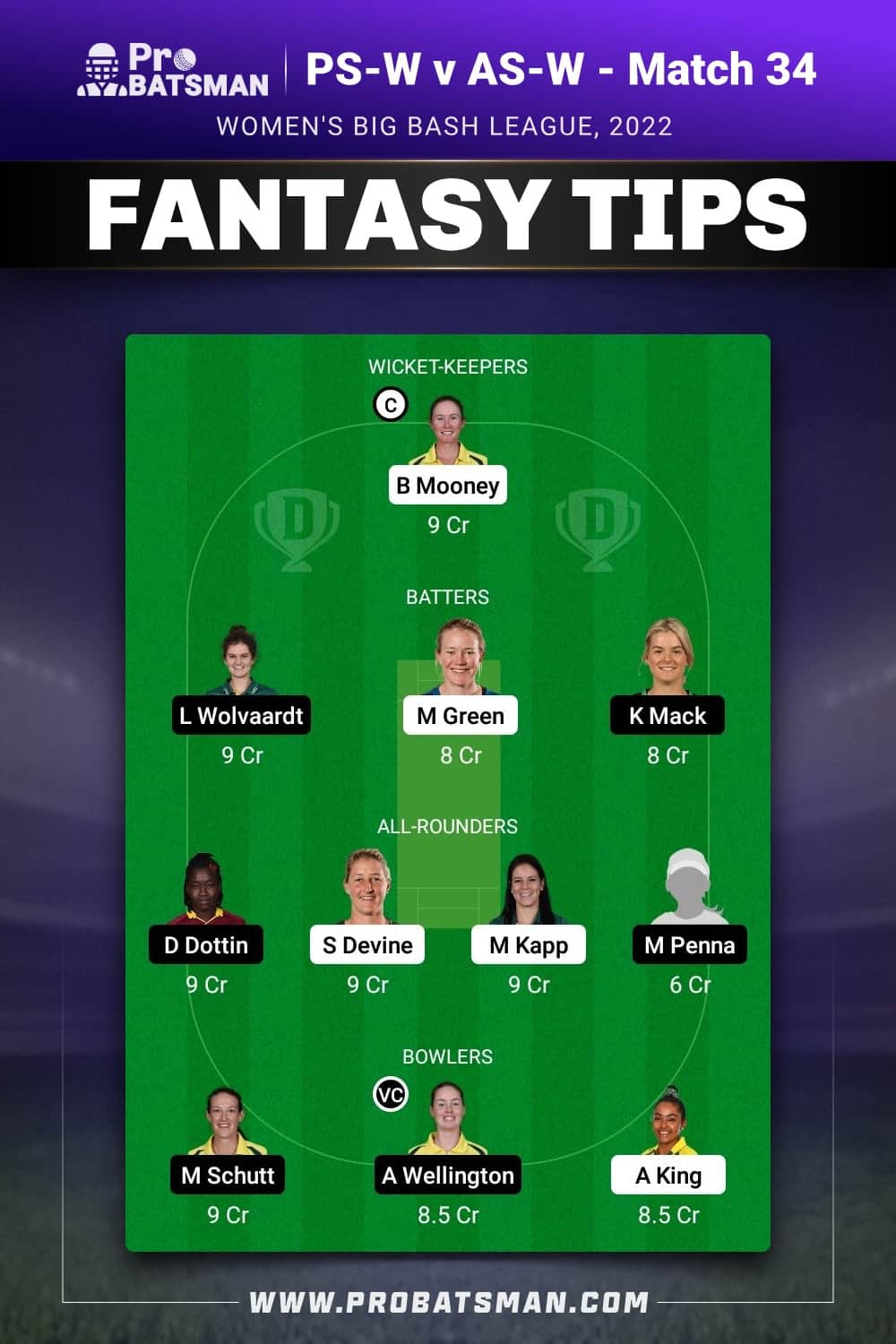 PS-W vs AS-W Dream11 Prediction - Fantasy Team 2