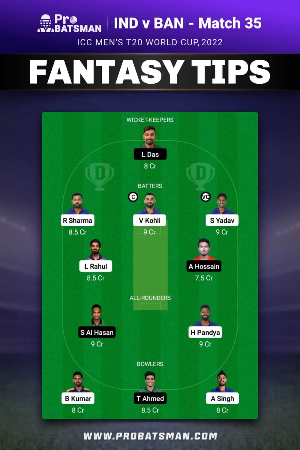 IND vs BAN Dream11 Prediction - Fantasy Team 1