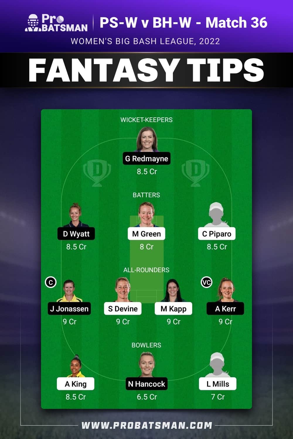 PS-W vs BH-W Dream11 Prediction - Fantasy Team 2