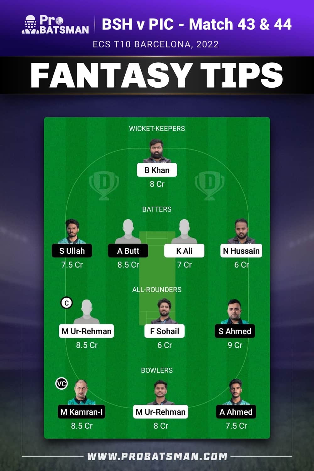 BSH vs PIC Dream11 Prediction - Fantasy Team 1