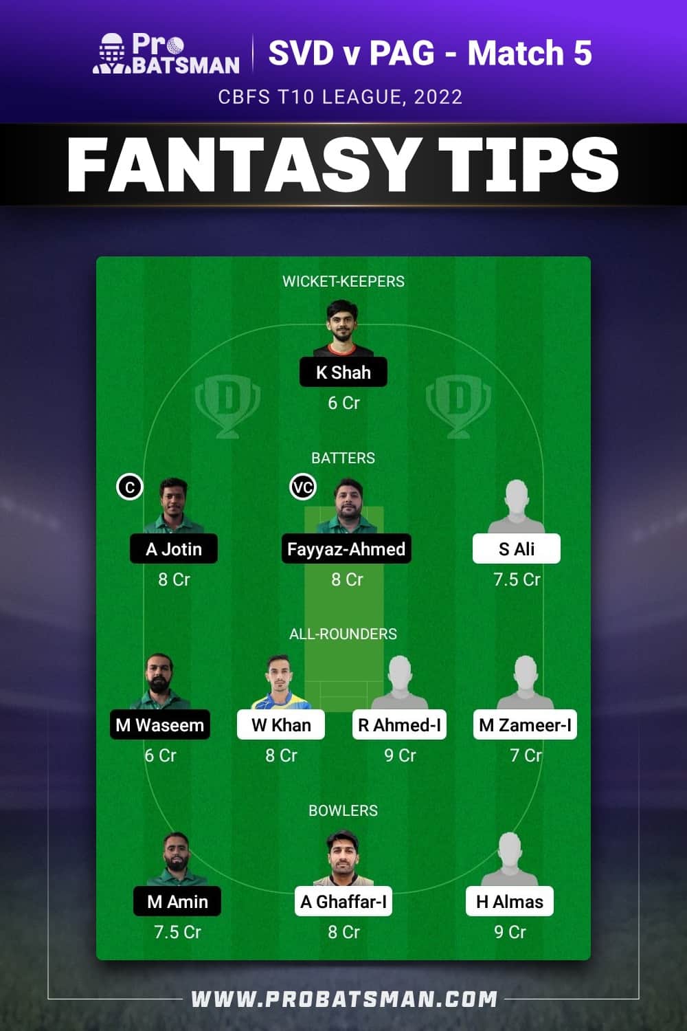 SVD vs PAG Dream11 Prediction - Fantasy Team 1