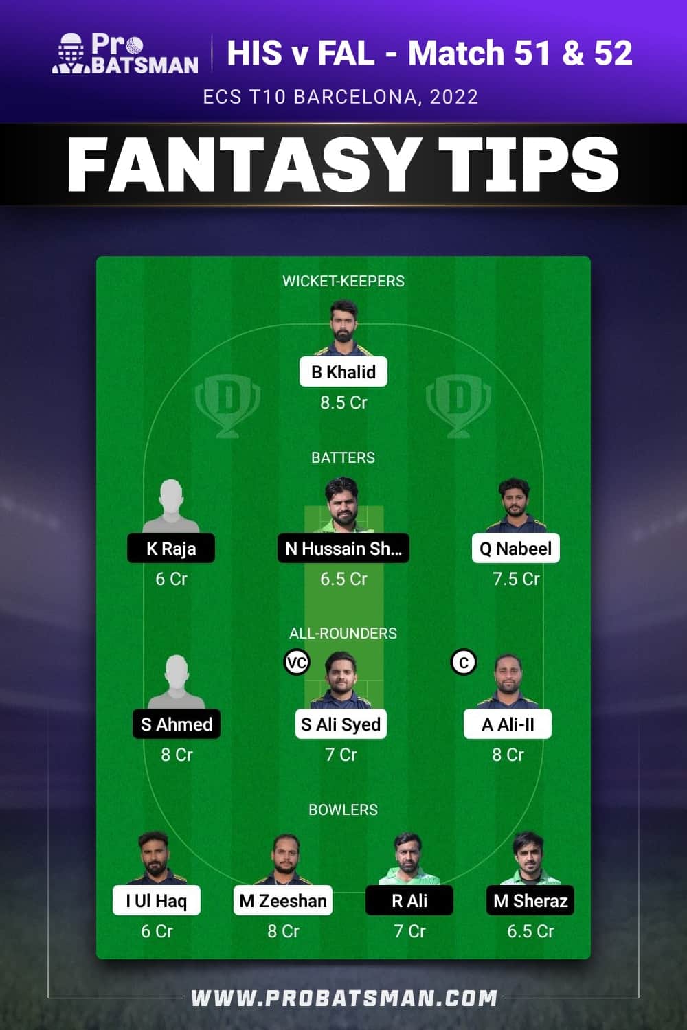 HIS vs FAL Dream11 Prediction - Fantasy Team 1