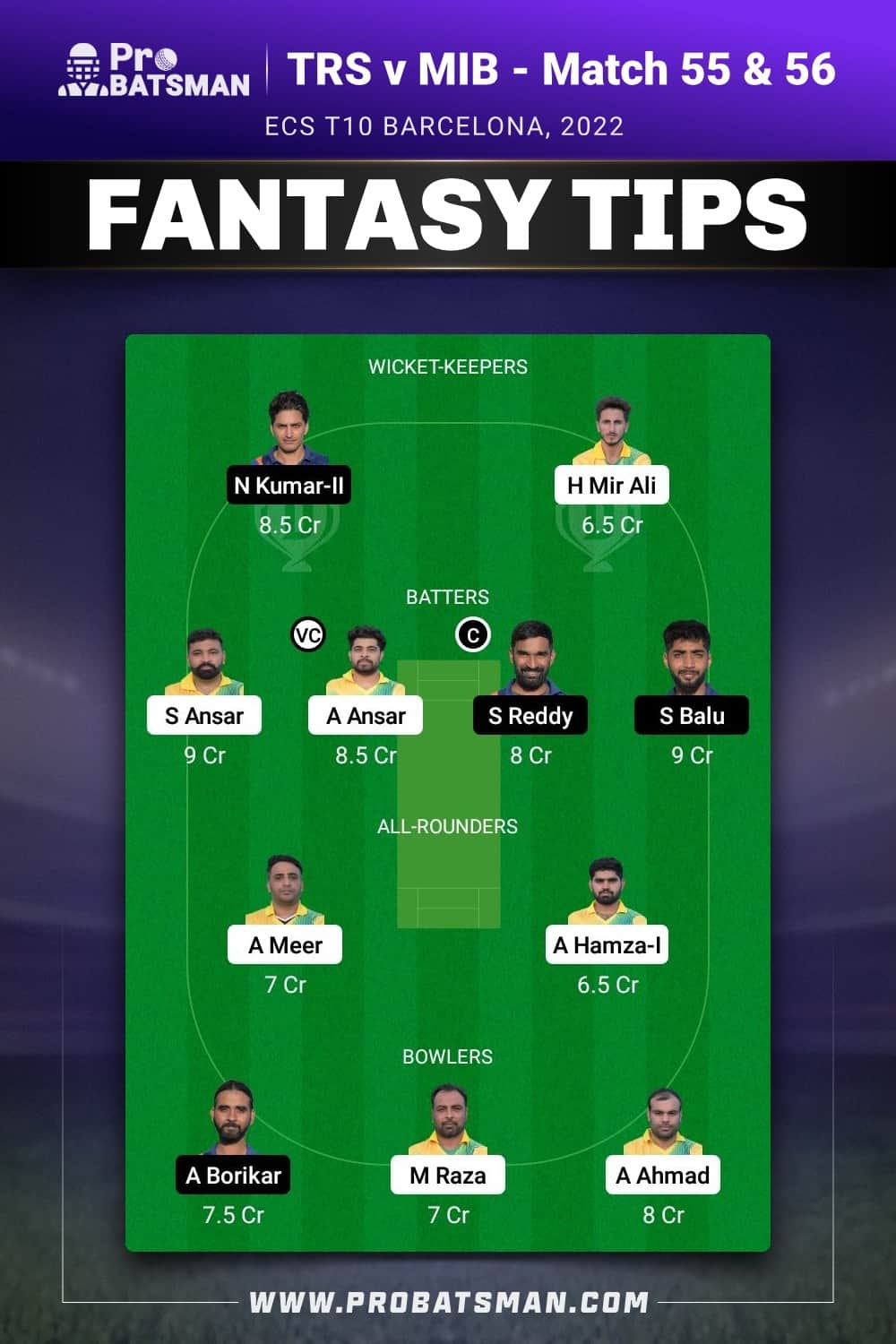 TRS vs MIB Dream11 Prediction - Fantasy Team 1