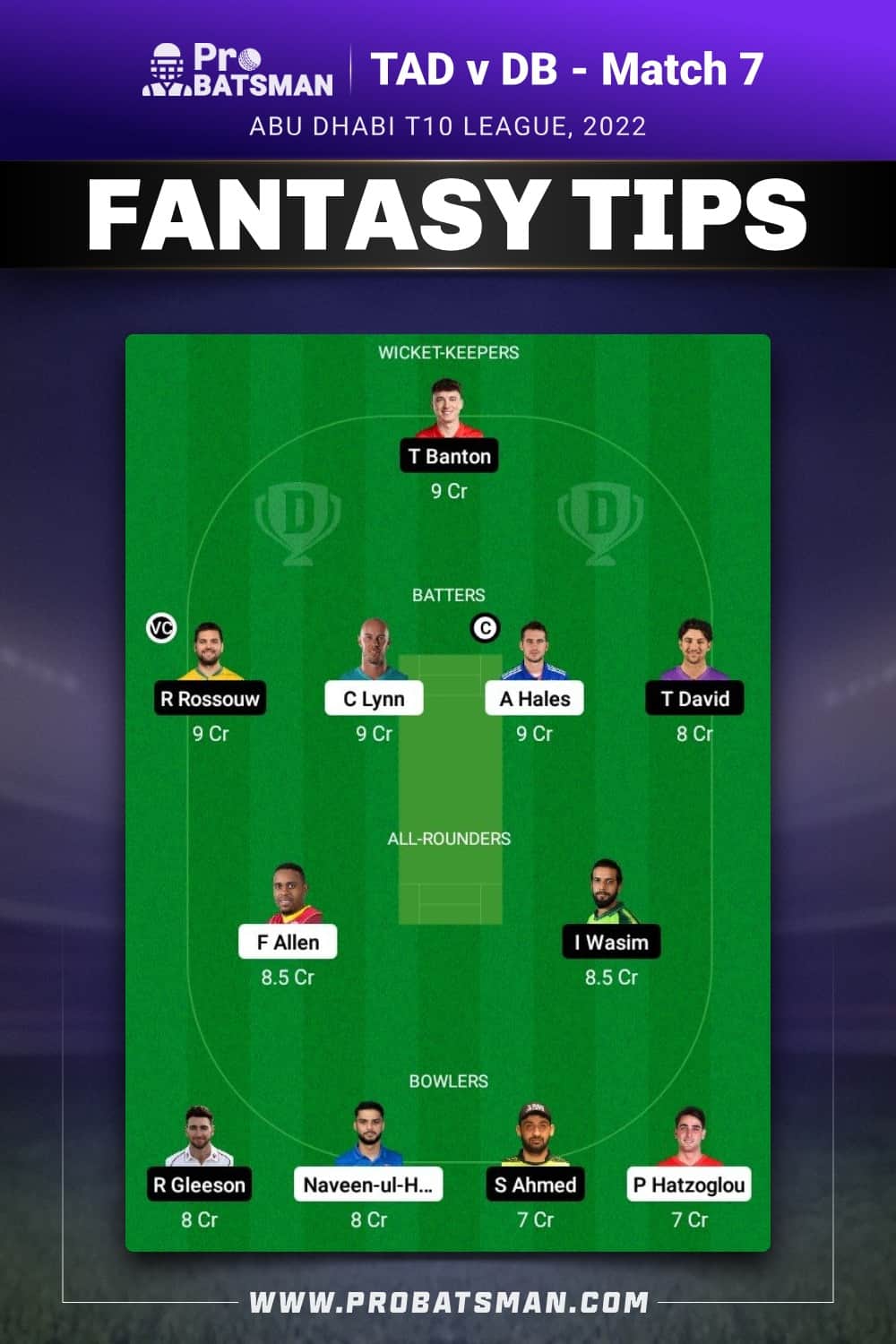 TAD vs DB Dream11 Prediction - Fantasy Team 1