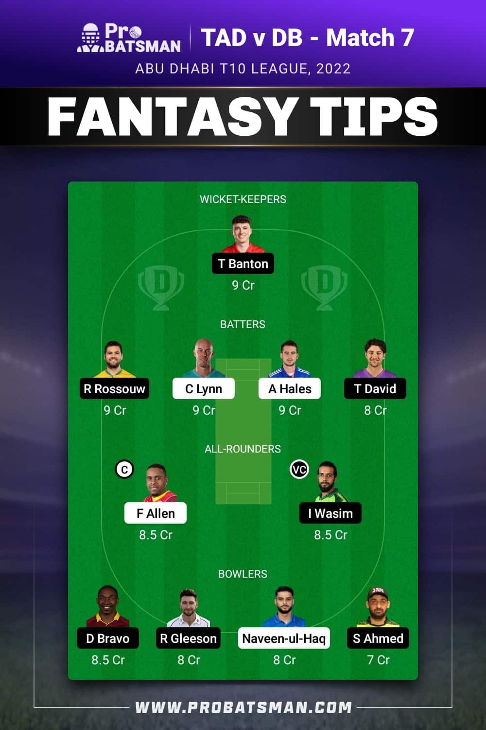 TAD vs DB Dream11 Prediction - Fantasy Team 2