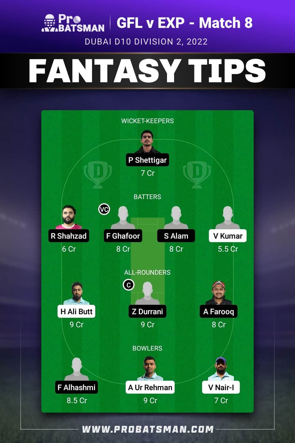 GFL vs EXP Dream11 Prediction - Fantasy Team 1