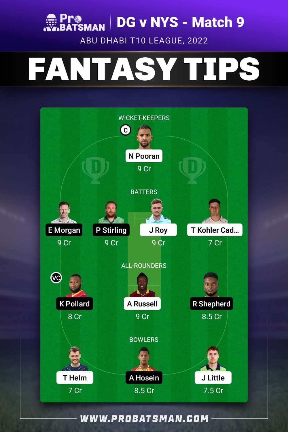 DG vs NYS Dream11 Prediction - Fantasy Team 1 DG vs NYS Dream11 Prediction - Fantasy Team 1