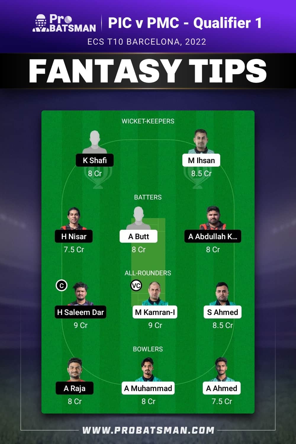 PIC vs PMC Dream11 Prediction - Fantasy Team 1