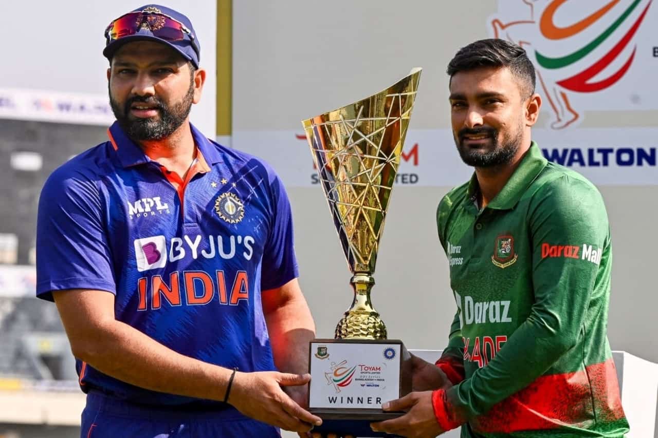 Rohit Sharma of India & Litton Das of Bangladesh During Trophy Unveiling Ceremony of India tour of Bangladesh 2022