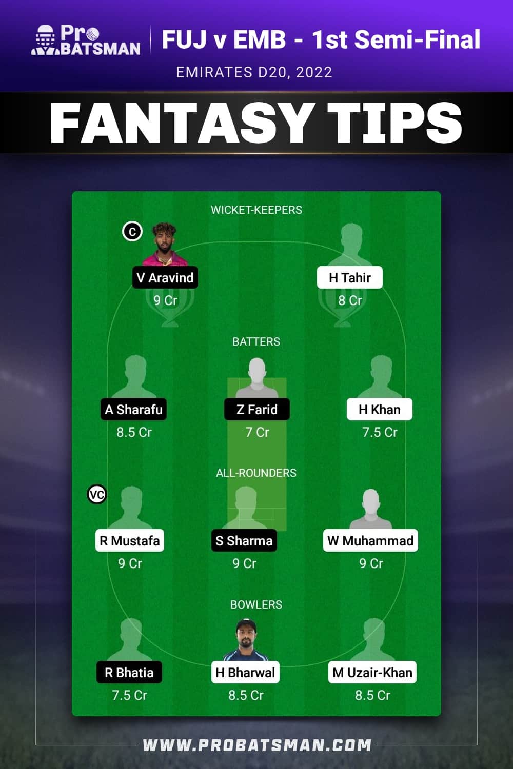 FUJ vs EMB Dream11 Prediction - Fantasy Team 1