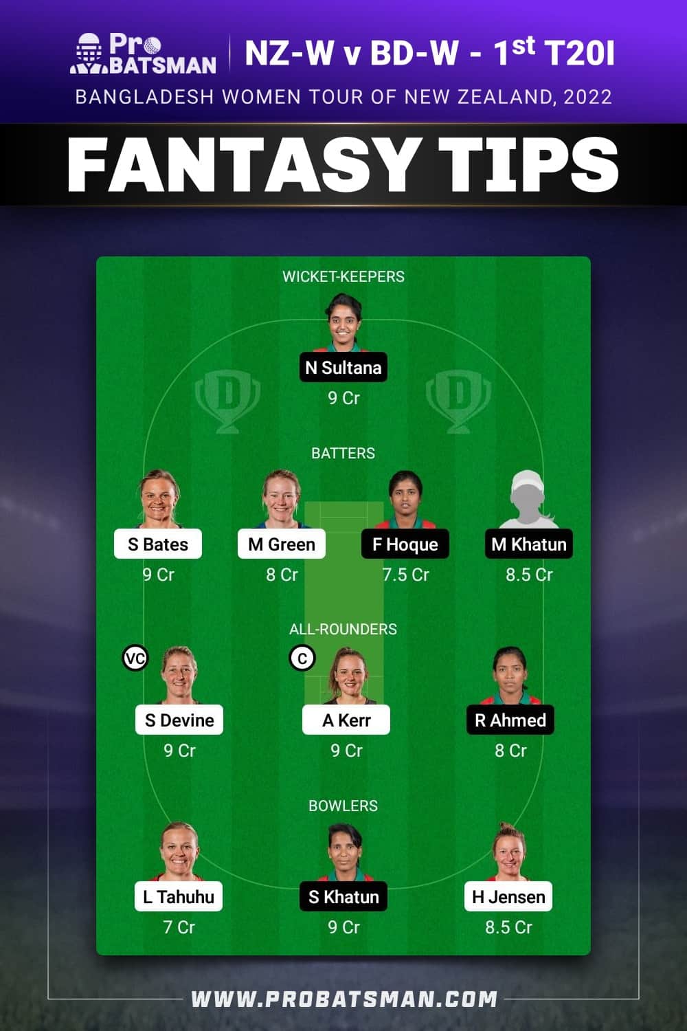 NZ-W vs BD-W Dream11 Prediction - Fantasy Team 1