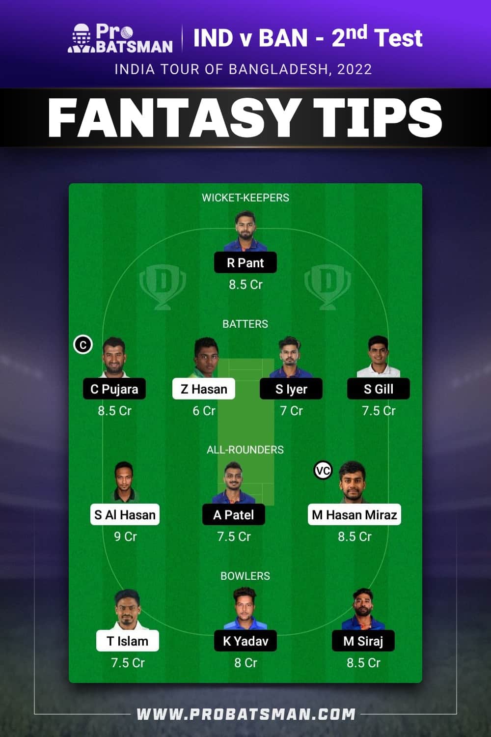 IND vs BAN Dream11 Prediction - Fantasy Team 1